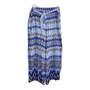 YADO Womens Capri Pants Patterned High Rise Wide Leg Tie Waist Blue White Sz M